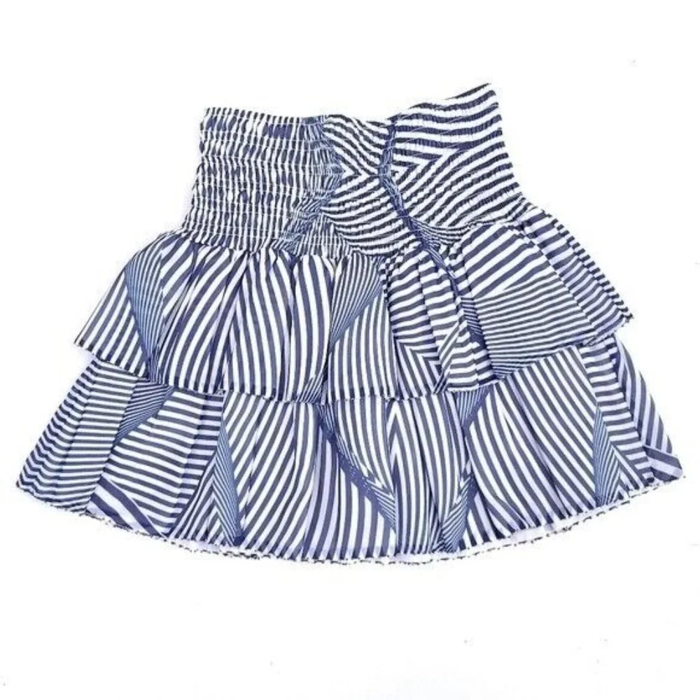 PALOMA BLUE Womens 100% Silk Ruffle Lined Striped Mini Skirt L